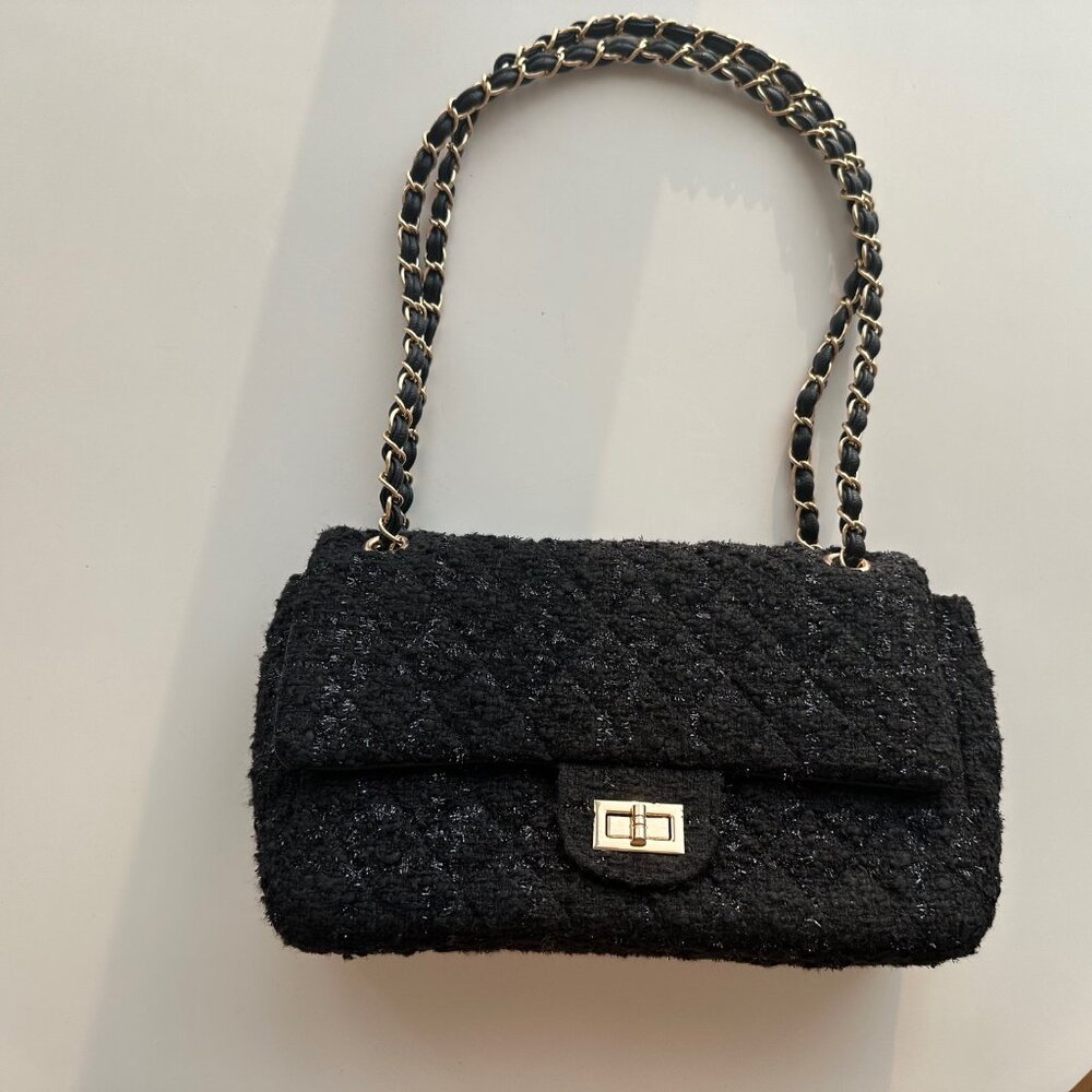 Lulus Black Tweed Lurex Chain Strap Shoulder Bag